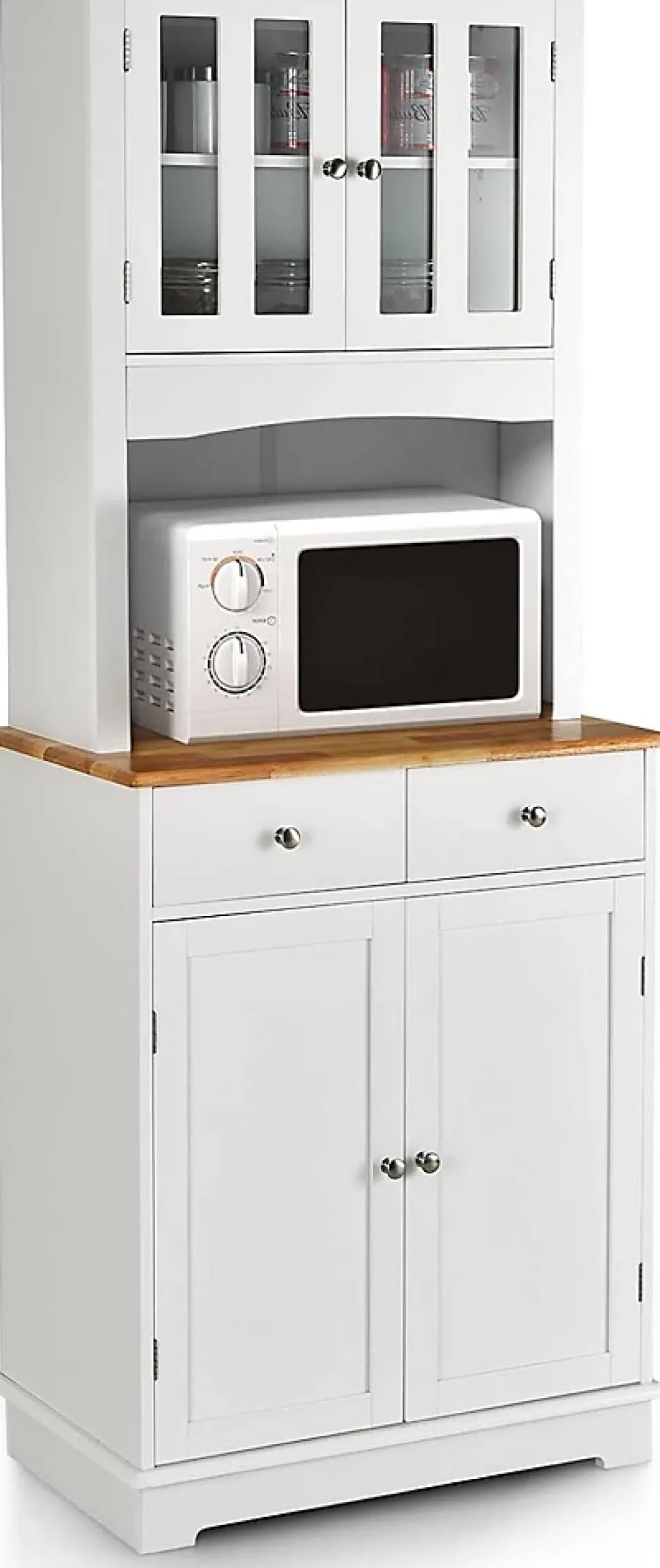Buffet Haut Cuisine 170cm avec Espace Ouvert-Porte en Verre Trempé-Comptoir Bois d'hévéa-Étagères Réglables Blanc