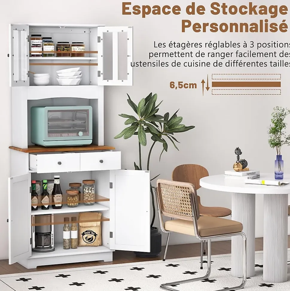 Buffet Haut Cuisine 170cm avec Espace Ouvert-Porte en Verre Trempé-Comptoir Bois d'hévéa-Étagères Réglables Blanc