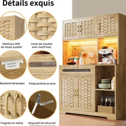 Buffet Haut de Cuisine - LED Intégré et Tiroirs de Rangement, Portes Fermées et Prise USB, Verre et MDF Naturel 120x40x180 cm
