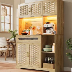 Buffet Haut de Cuisine - LED Intégré et Tiroirs de Rangement, Portes Fermées et Prise USB, Verre et MDF Naturel 120x40x180 cm
