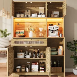 Buffet Haut de Cuisine - LED Intégré et Tiroirs de Rangement, Portes Fermées et Prise USB, Verre et MDF Naturel 120x40x180 cm
