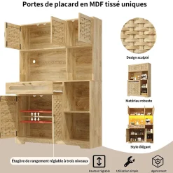 Buffet Haut de Cuisine - LED Intégré et Tiroirs de Rangement, Portes Fermées et Prise USB, Verre et MDF Naturel 120x40x180 cm