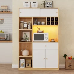 Buffet Haut de Cuisine avec LED, Tiroir, 3 Portes, Rangement Multifonction, Panneaux de Particules, Blanc/Naturel 115x35x180 cm