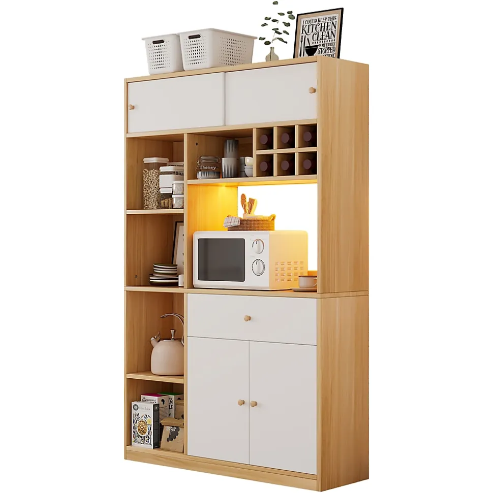 Buffet Haut de Cuisine avec LED, Tiroir, 3 Portes, Rangement Multifonction, Panneaux de Particules, Blanc/Naturel 115x35x180 cm