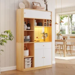 Buffet Haut de Cuisine avec LED, Tiroir, 3 Portes, Rangement Multifonction, Panneaux de Particules, Blanc/Naturel 115x35x180 cm