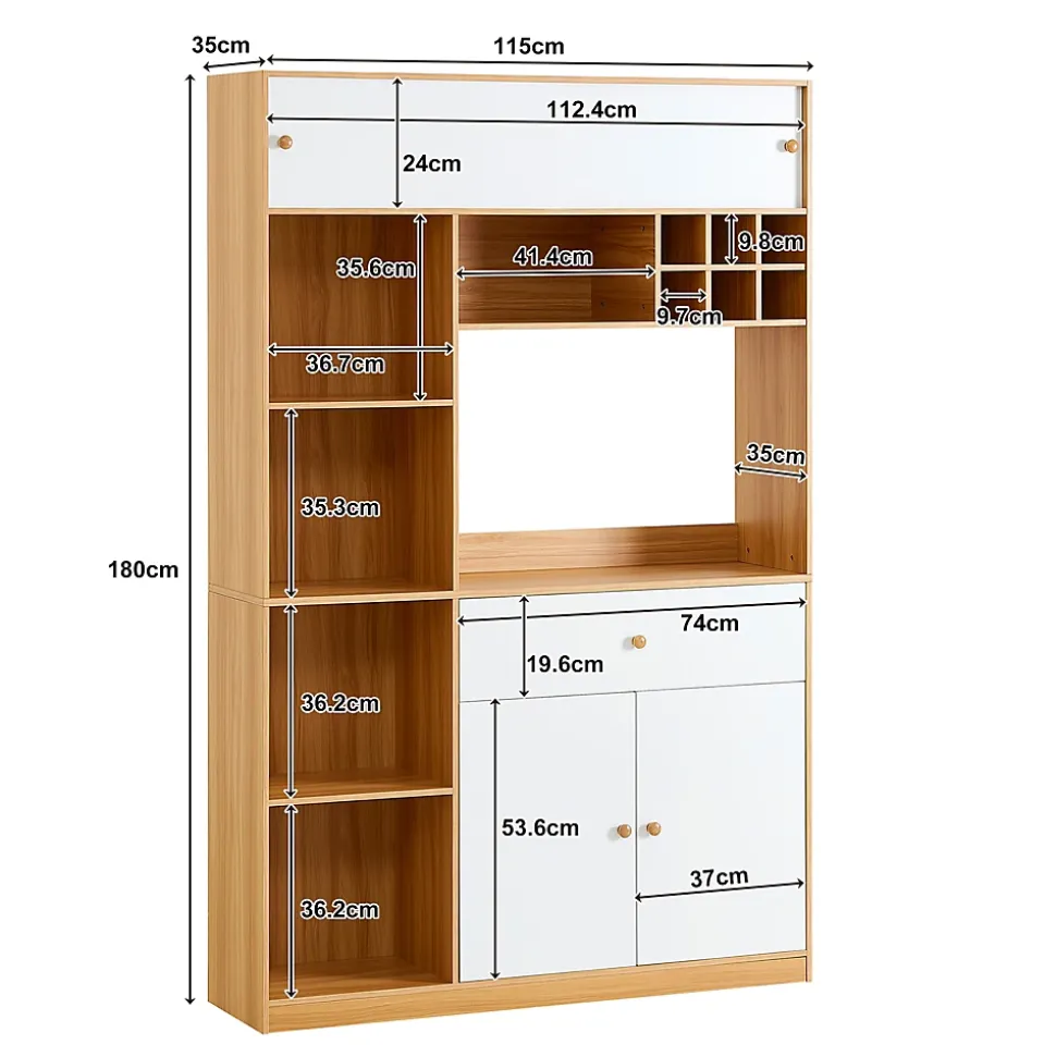 Buffet Haut de Cuisine avec LED, Tiroir, 3 Portes, Rangement Multifonction, Panneaux de Particules, Blanc/Naturel 115x35x180 cm