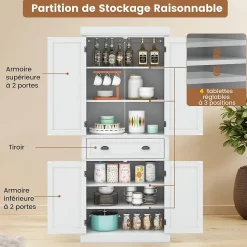 Buffet Haut de Cuisine avec 4 Portes et 2 Tiroirs Étagères Réglables pour Salle à Manger Cuisine Blanc