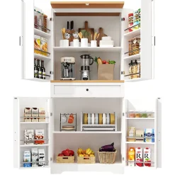 Buffet Haut de Cuisine avec Plateau et 12 Compartiments Fermés - Meuble de Rangement en MDF et Métal, Blanc, 80x40x180 cm