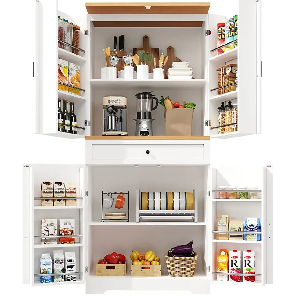 Buffet Haut de Cuisine avec Plateau et 12 Compartiments Fermés - Meuble de Rangement en MDF et Métal, Blanc, 80x40x180 cm