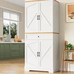 Buffet Haut de Cuisine avec Plateau et 12 Compartiments Fermés - Meuble de Rangement en MDF et Métal, Blanc, 80x40x180 cm