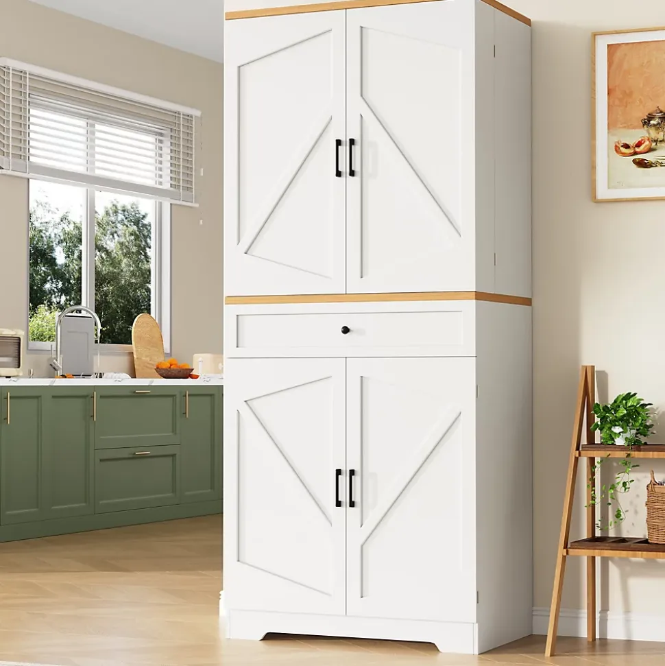 Buffet Haut de Cuisine avec Plateau et 12 Compartiments Fermés - Meuble de Rangement en MDF et Métal, Blanc, 80x40x180 cm