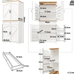 Buffet Haut de Cuisine avec Plateau et 12 Compartiments Fermés - Meuble de Rangement en MDF et Métal, Blanc, 80x40x180 cm