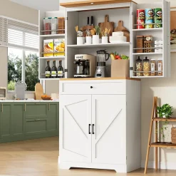 Buffet Haut de Cuisine avec Plateau et 12 Compartiments Fermés - Meuble de Rangement en MDF et Métal, Blanc, 80x40x180 cm