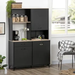 Buffet haut design industriel - 3 portes avec étagère, tiroir, niche, grand plateau - piètement métal noir aspect chêne clair