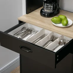 Buffet haut design industriel - 3 portes avec étagère, tiroir, niche, grand plateau - piètement métal noir aspect chêne clair