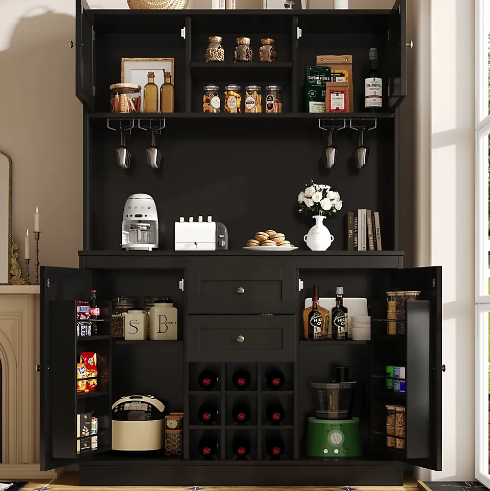 Buffet Haut et Vitrine 2 en 1 avec 4 Portes et 2 Tiroirs, Range-Bouteilles et Étagères Réglables - MDF Noir