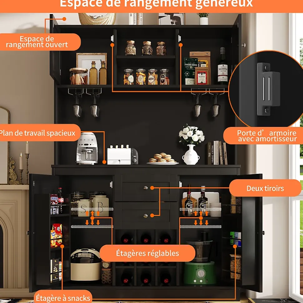 Buffet Haut et Vitrine 2 en 1 avec 4 Portes et 2 Tiroirs, Range-Bouteilles et Étagères Réglables - MDF Noir