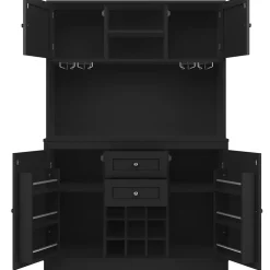 Buffet Haut et Vitrine 2 en 1 avec 4 Portes et 2 Tiroirs, Range-Bouteilles et Étagères Réglables - MDF Noir