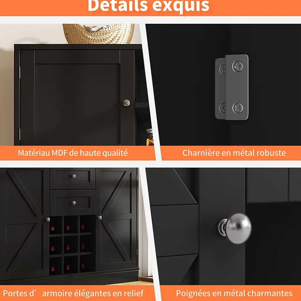 Buffet Haut et Vitrine 2 en 1 avec 4 Portes et 2 Tiroirs, Range-Bouteilles et Étagères Réglables - MDF Noir