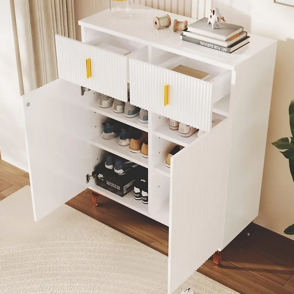 Buffet haut laqué blanc et bois, design sans poignées, portes inclinées, charnières amorties