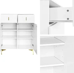 Buffet haut laqué blanc et bois, design sans poignées, portes inclinées, charnières amorties