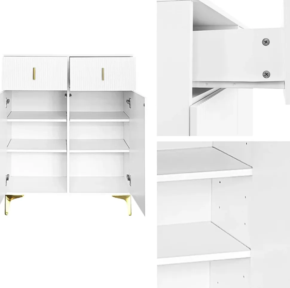 Buffet haut laqué blanc et bois, design sans poignées, portes inclinées, charnières amorties
