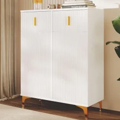 Buffet haut laqué blanc et bois, design sans poignées, portes inclinées, charnières amorties