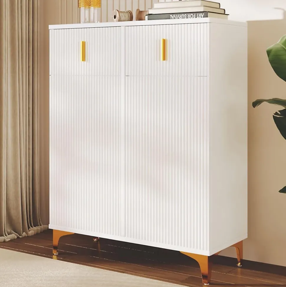 Buffet haut laqué blanc et bois, design sans poignées, portes inclinées, charnières amorties