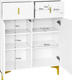 Buffet haut laqué blanc et bois, design sans poignées, portes inclinées, charnières amorties