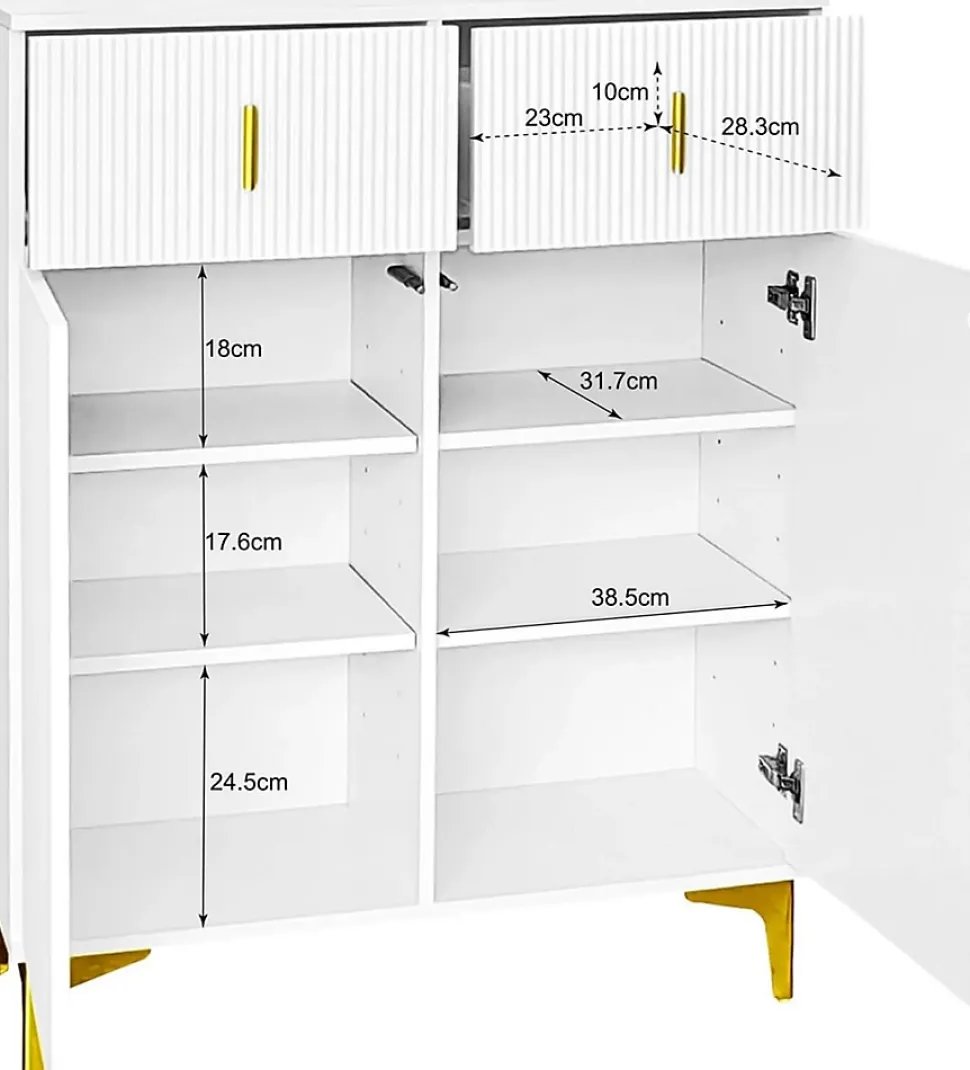 Buffet haut laqué blanc et bois, design sans poignées, portes inclinées, charnières amorties