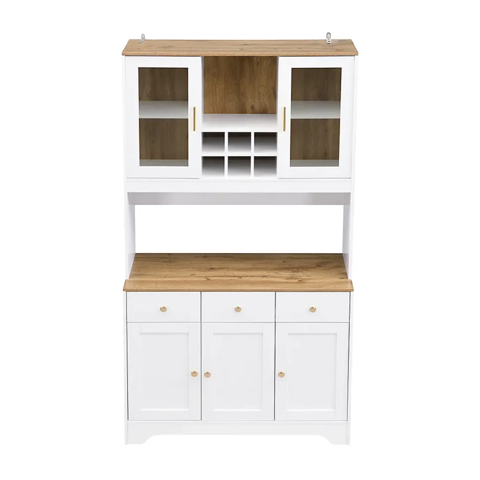 Buffet Haut Moderne avec 5 Portes, 1 Tiroir et 1 Niche, Bahut Salle à Manger Salon en MDF, 94,5x30x175,5 cm, Blanc et Bois