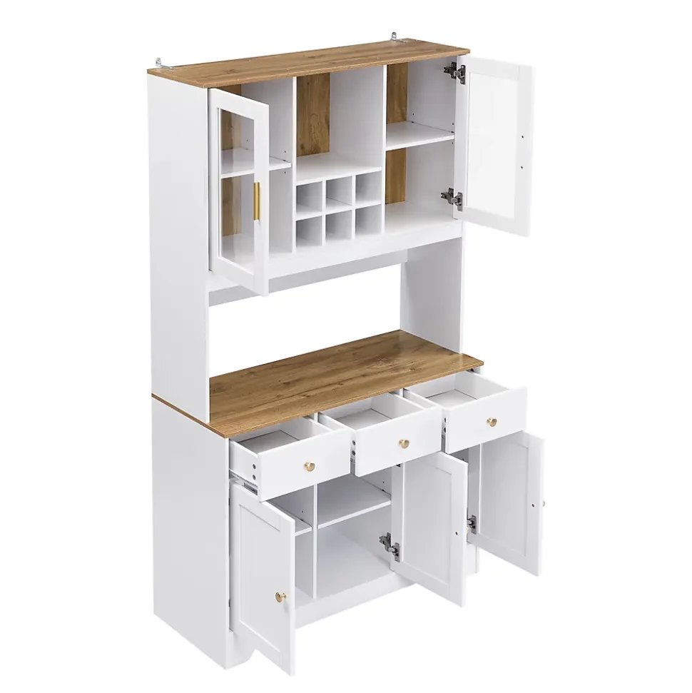 Buffet Haut Moderne avec 5 Portes, 1 Tiroir et 1 Niche, Bahut Salle à Manger Salon en MDF, 94,5x30x175,5 cm, Blanc et Bois