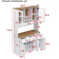 Buffet Haut Moderne avec 5 Portes, 1 Tiroir et 1 Niche, Bahut Salle à Manger Salon en MDF, 94,5x30x175,5 cm, Blanc et Bois