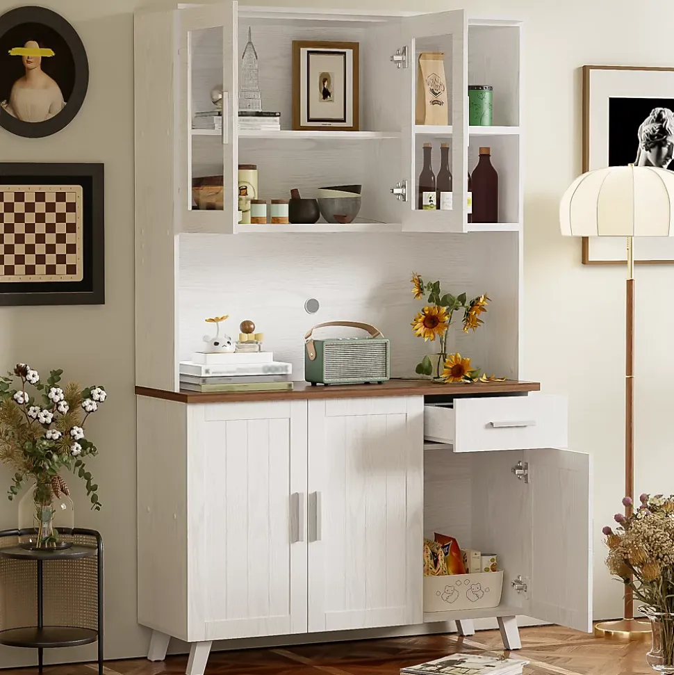 Buffet Haut Moderne avec 5 Portes, 1 Tiroir et 2 Compartiments Ouverts, Bahut Contemporain en Bois - 114x40x190 cm, Blanc et Bois