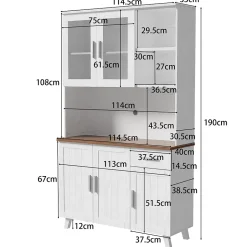 Buffet Haut Moderne avec 5 Portes, 1 Tiroir et 2 Compartiments Ouverts, Bahut Contemporain en Bois - 114x40x190 cm, Blanc et Bois