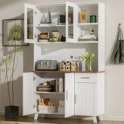 Buffet Haut Moderne avec 5 Portes, 1 Tiroir et 2 Compartiments Ouverts, Bahut Contemporain en Bois - 114x40x190 cm, Blanc et Bois
