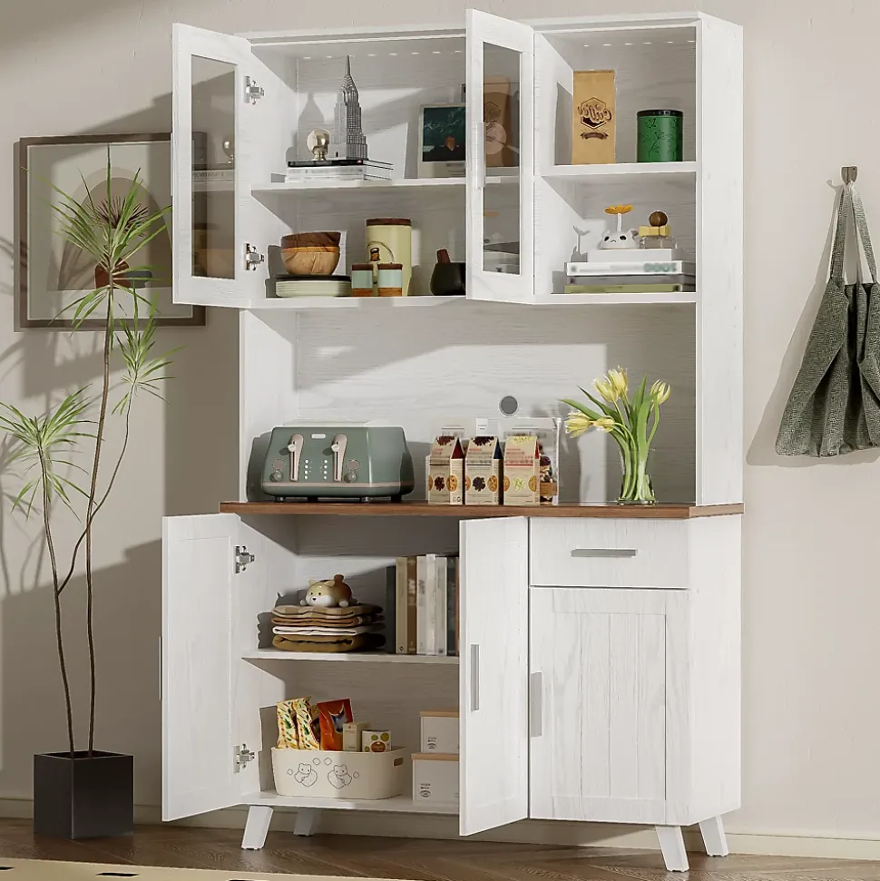 Buffet Haut Moderne avec 5 Portes, 1 Tiroir et 2 Compartiments Ouverts, Bahut Contemporain en Bois - 114x40x190 cm, Blanc et Bois