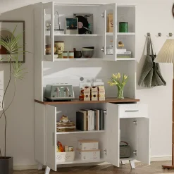 Buffet Haut Moderne avec 5 Portes, 1 Tiroir et 2 Compartiments Ouverts, Bahut Contemporain en Bois - 114x40x190 cm, Blanc et Bois