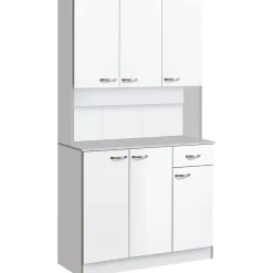 Buffet haut multi-rangement - 6 portes, tiroir, grand plateau - dim. 101L x 39l x 180H cm - panneaux particules blanc gris