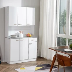 Buffet haut multi-rangement - 6 portes, tiroir, grand plateau - dim. 101L x 39l x 180H cm - panneaux particules blanc gris