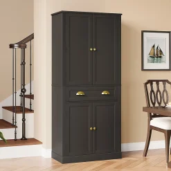 Buffet Haut Noir avec 4 Portes, 1 Tiroir et 6 Compartiments, 4 Étagères Réglables, MDF, 80x40x182 cm, Noir