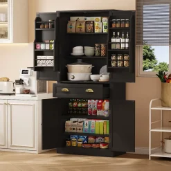 Buffet Haut Noir avec 4 Portes, 1 Tiroir et 6 Compartiments, 4 Étagères Réglables, MDF, 80x40x182 cm, Noir