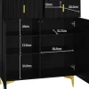 Buffet élégant avec panneaux texturés, étagères réglables et décorations dorées, avec tiroirs
