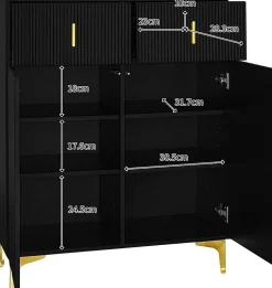 Buffet élégant avec panneaux texturés, étagères réglables et décorations dorées, avec tiroirs