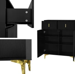 Buffet élégant avec panneaux texturés, étagères réglables et décorations dorées, avec tiroirs