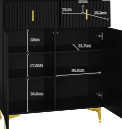 Buffet élégant avec panneaux texturés, étagères réglables et décorations dorées, avec tiroirs