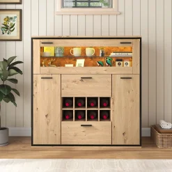 Buffet Élégant Avec Portes Doubles, Étagères En Verre Et Casier à Vin - Rangement Parfait, Bois