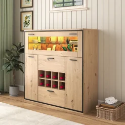 Buffet Élégant Avec Portes Doubles, Étagères En Verre Et Casier à Vin - Rangement Parfait, Bois