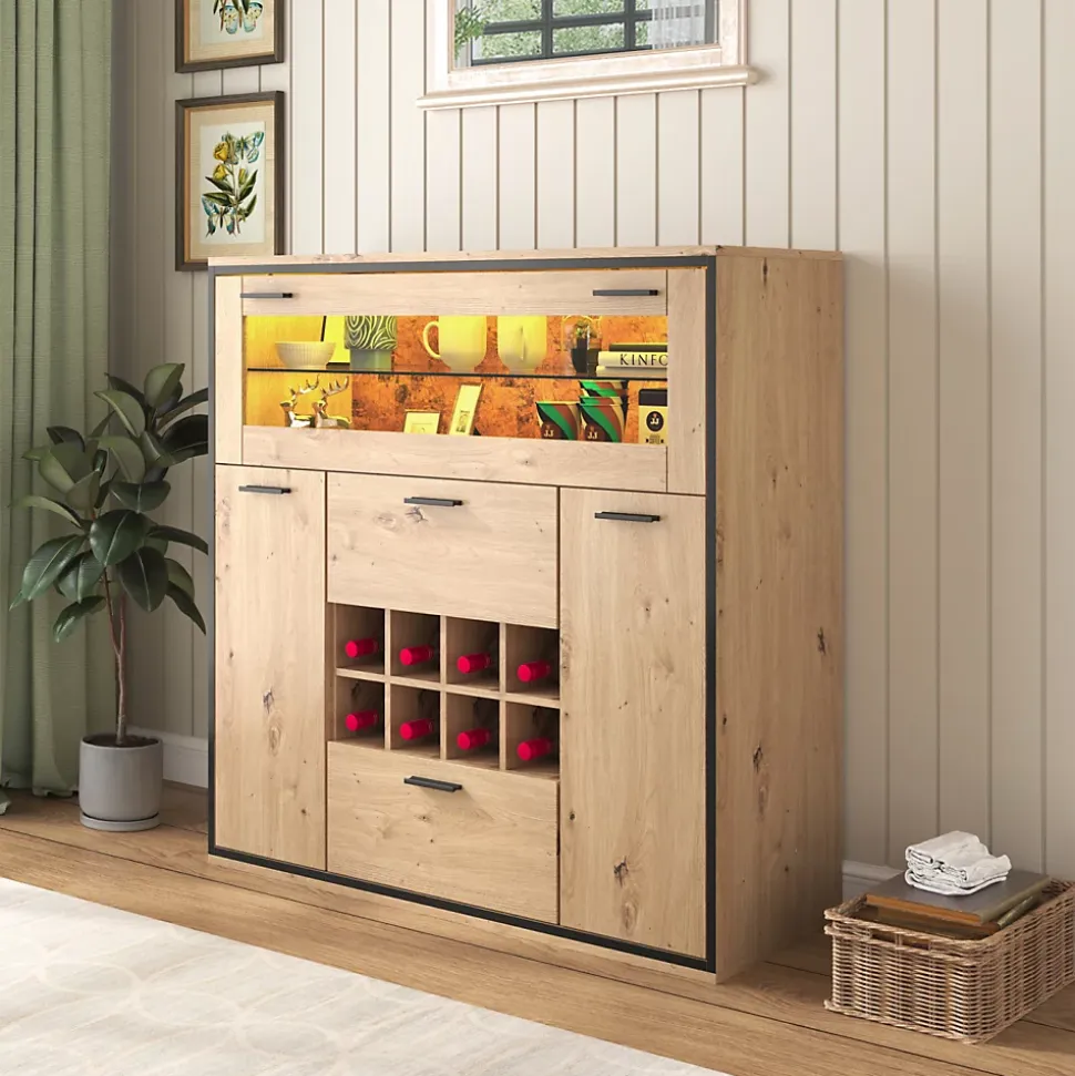 Buffet Élégant Avec Portes Doubles, Étagères En Verre Et Casier à Vin - Rangement Parfait, Bois
