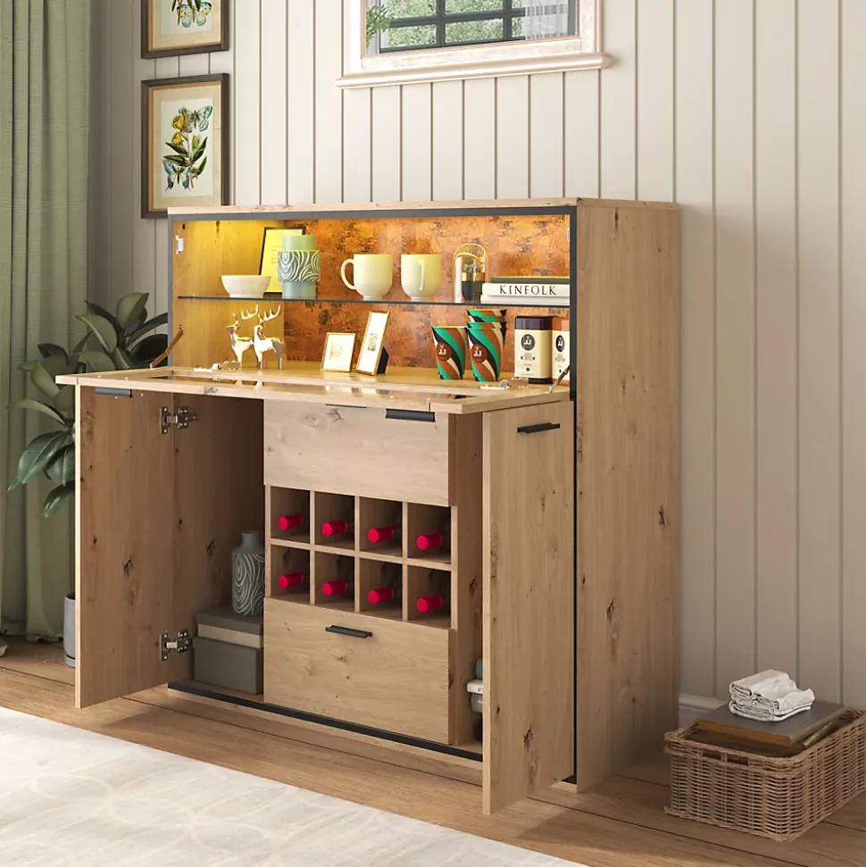 Buffet Élégant Avec Portes Doubles, Étagères En Verre Et Casier à Vin - Rangement Parfait, Bois